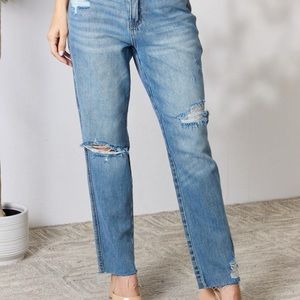 Judy Blue Distressed Raw Hem Straight Leg Denim